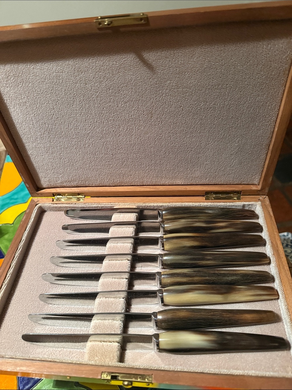 Hilco Vintage set of 6 horn handle & silver knives, boxes Germany